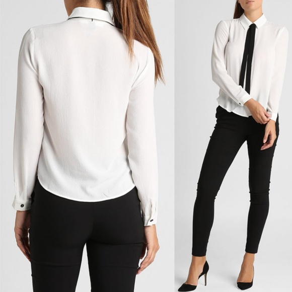 Off White Bow Tie Button Shirt Chiffon Blouse Top - Picture 6 of 8